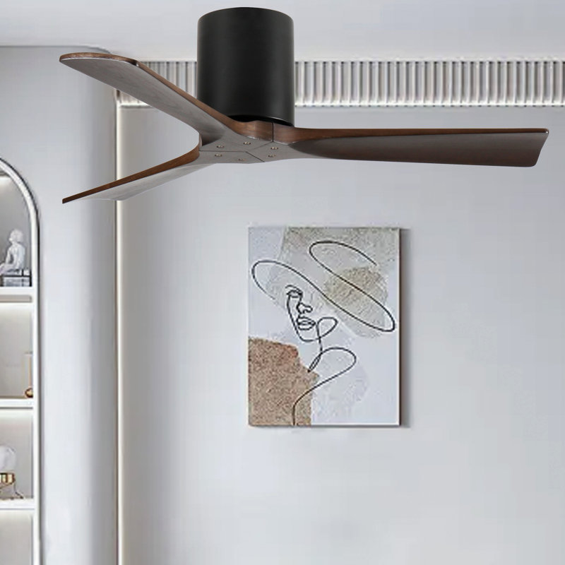 Ventilateur de plafond encastré sans lumière, pales en bois massif, moteur CC réversible silencieux, télécommande avec 6 vitesses et minuterie, économie d'énergie pour la chambre à coucher, le salon, le plafond sans pente