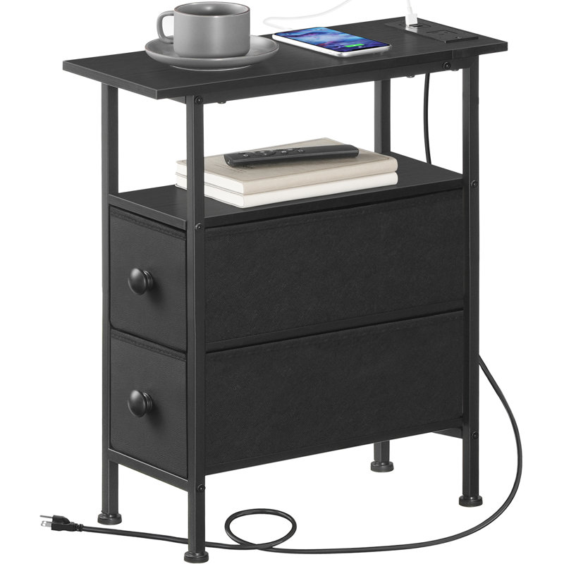 Narrow End Table with Charging Station, 23.6" H x 18.9" L x 7.8" D, Black