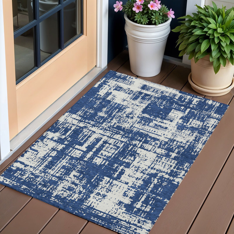 Tapis extérieur lavable abstrait bleu marine et ivoire 3 pi x 5 pi