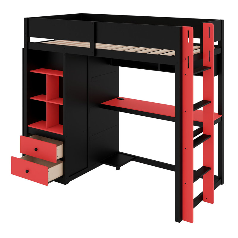 Lit mezzanine avec bureau, armoire et éclairage contrôlé par application pour les configurations de jeu, Lit simple