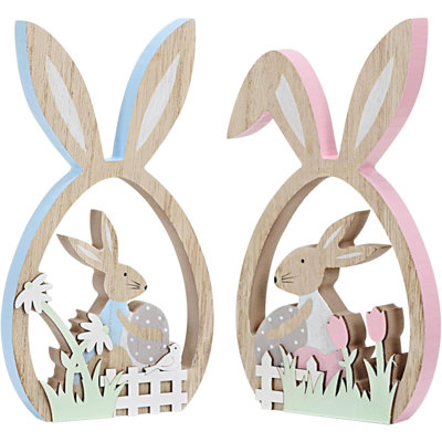 2Pcs Easter Decorations For The Home Farmhouse Rustic Wooden Bunny With Egg Easter Tiered Tray Decor Happy Spring Decoration For Indoor Home Party Easter Tabletop Decoration Easter Gifts For Kids