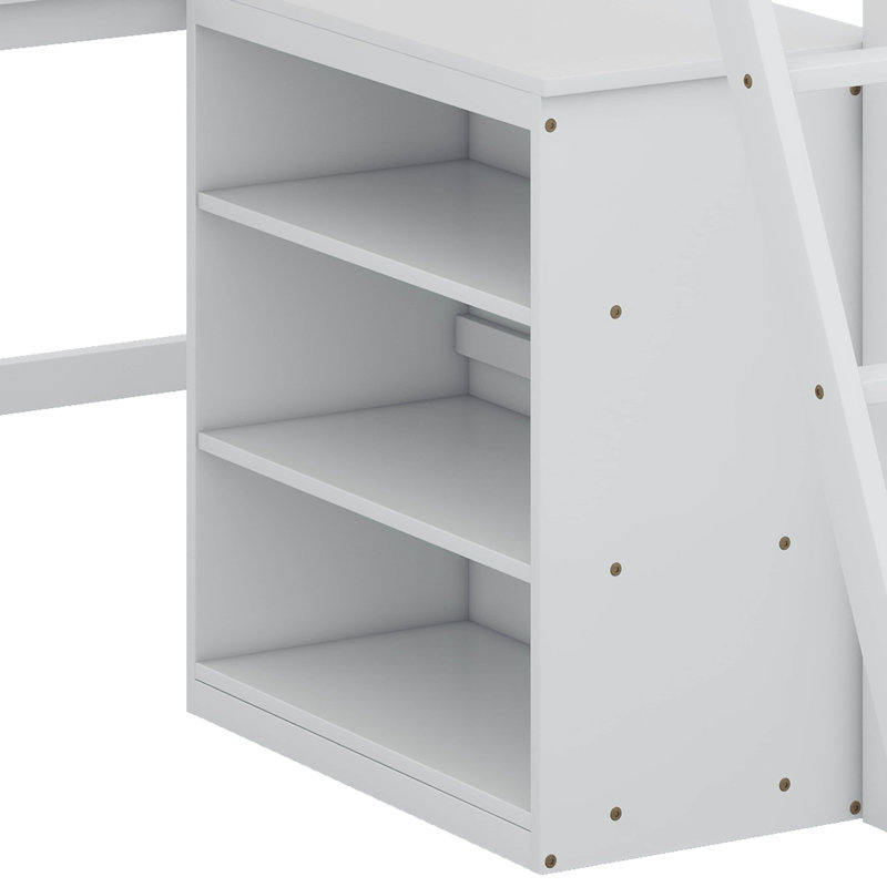 Lit mezzanine simple avec tablettes et bureau, Blanc