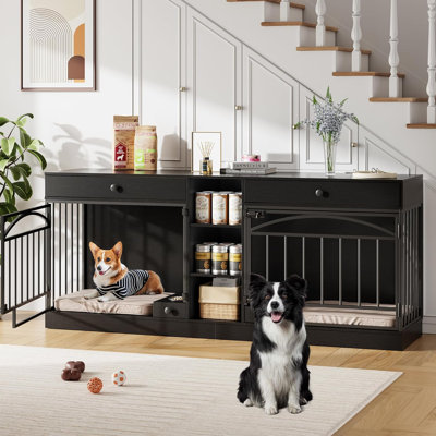Double Dog Crate Furniture, Indoor Kennel with Storage & Bowls, TV Stand for Small Medium Dogs