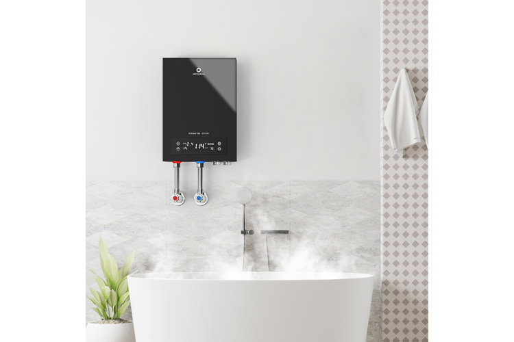 large white bath tub with a water heater on the wall above it