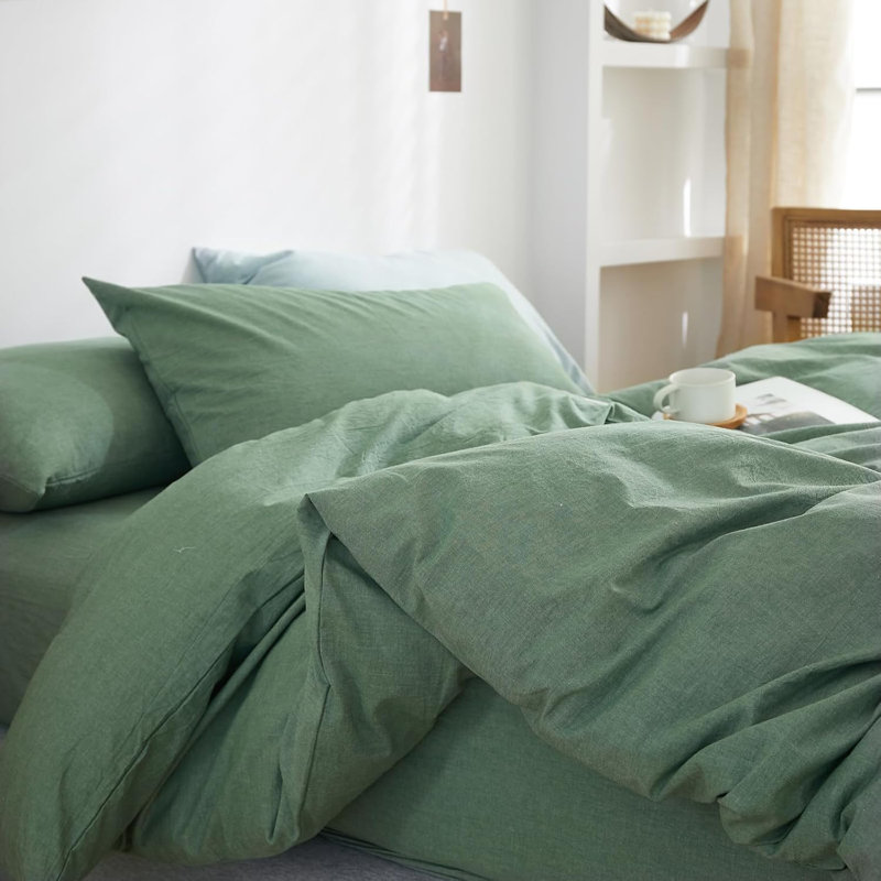 Ensemble de housse de couette 100% coton lavé Doneus, Housse de couette très grand + 2 taies d'oreiller, Green