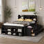 Lit double avec tête de lit bibliothèque, tiroirs de rangement sous le lit et étui de rangement de bout de lit, espresso-135401764