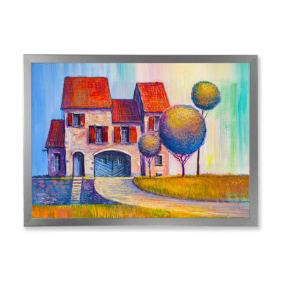 Maison avec toit rouge dans le village - peinture sur toile