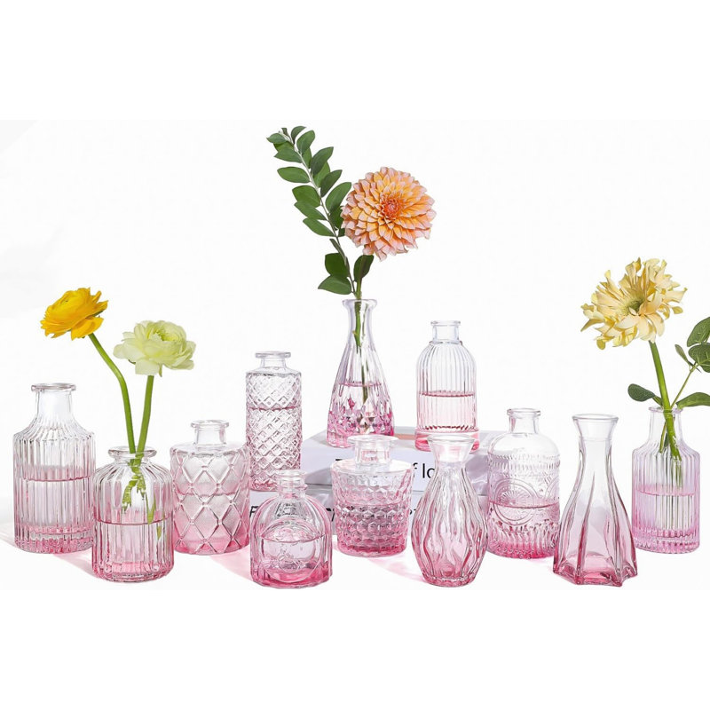 Lot de 12 petits vases en verre rose, mini vases à fleurs pour centres de table, petits vases en verre en gros pour décorations de mariage, vases vintage pour enterrement de vie de jeune fille, fête, réception, décoration de table