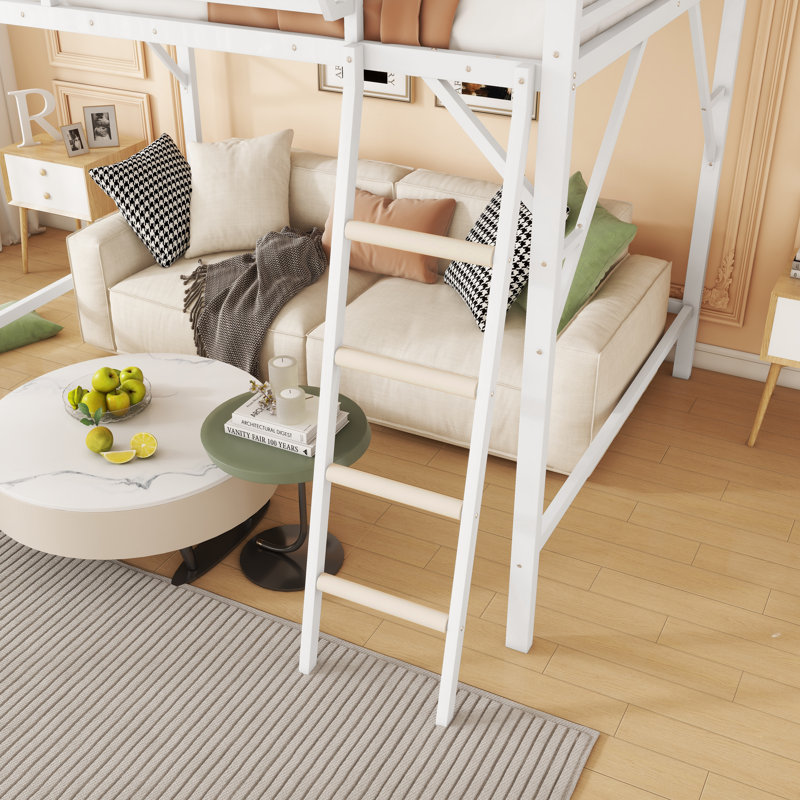 Lit mezzanine double en métal avec échelle et tablettes de rangement supérieures - Lit mezzanine haut pour enfants et adolescents, blanc
