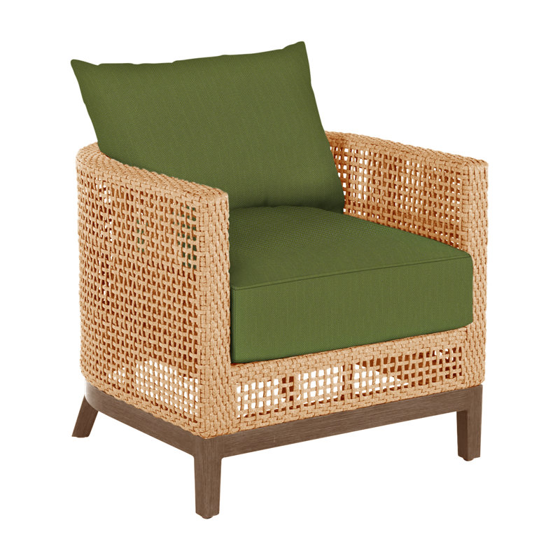 Fauteuil demi-tonneau d'extérieur en résine et en osier Peninces N-Dura, Raphia clair / bois de santal naturel, Forêt de lin