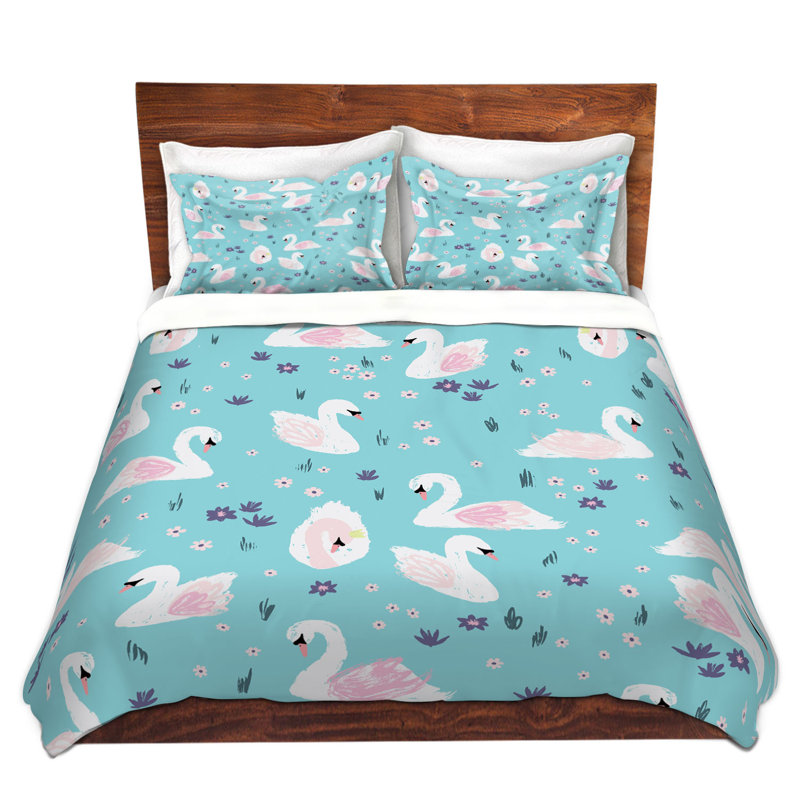  Ensemble de housse de couette Metka Hiti Swans, 1 housse + 2 taies très grand lit, Bleu / Gris