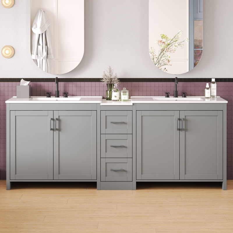 Pearl 84" Double Bathroom Vanity With Quartz Top, Ceramic Sinks & Drawers, Gray