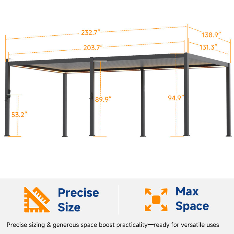 LED Strip Lights Waterproof Louvered Pergola with Adjustable Roof, All-Weather Rust-Proof Metal Outdoor Patio Pergola, Heavy Duty Shade Structure for Backyard Deck Garden Pool Lawn Porch