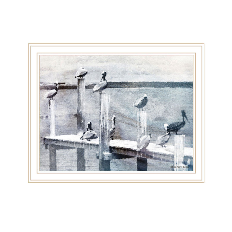 «Birds on the Pier», reproduction d'art encadrée blanche