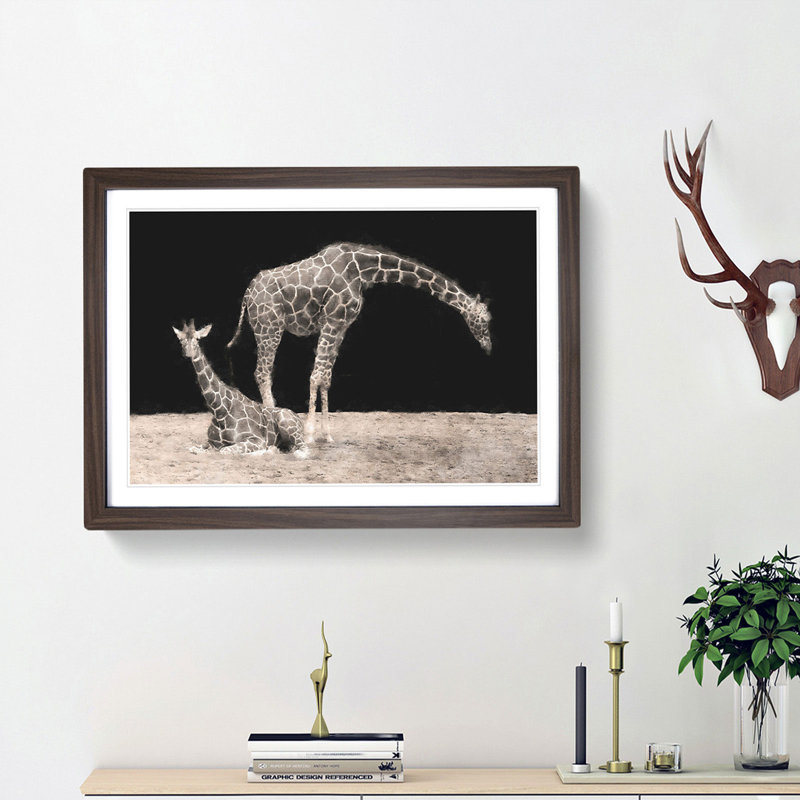 Two Giraffes - Picture Frame Painting Print, 62cm H x 87cm W x 2cm D, Walnut Framed