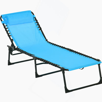 Folding Outdoor Chaise Lounge With Reclining Back, Pillow, Breathable Mesh And Bungee Seat For Beach, Yard And Patio Relaxation