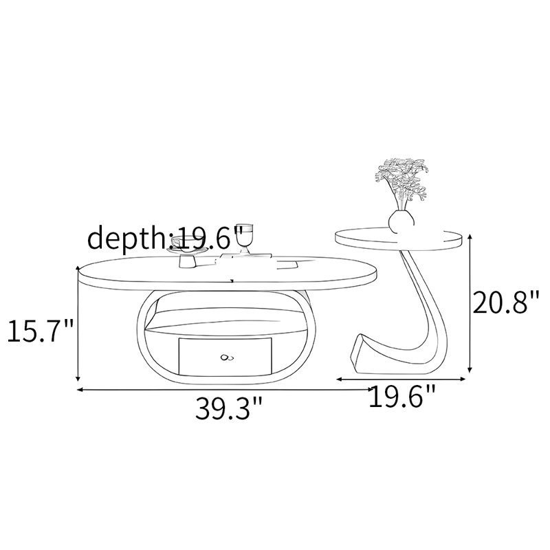 Table basse ovale en pierre frittée de style luxueux, H 15,7 po x L 39,3 po x l 19,6 po, Blanc, Noir