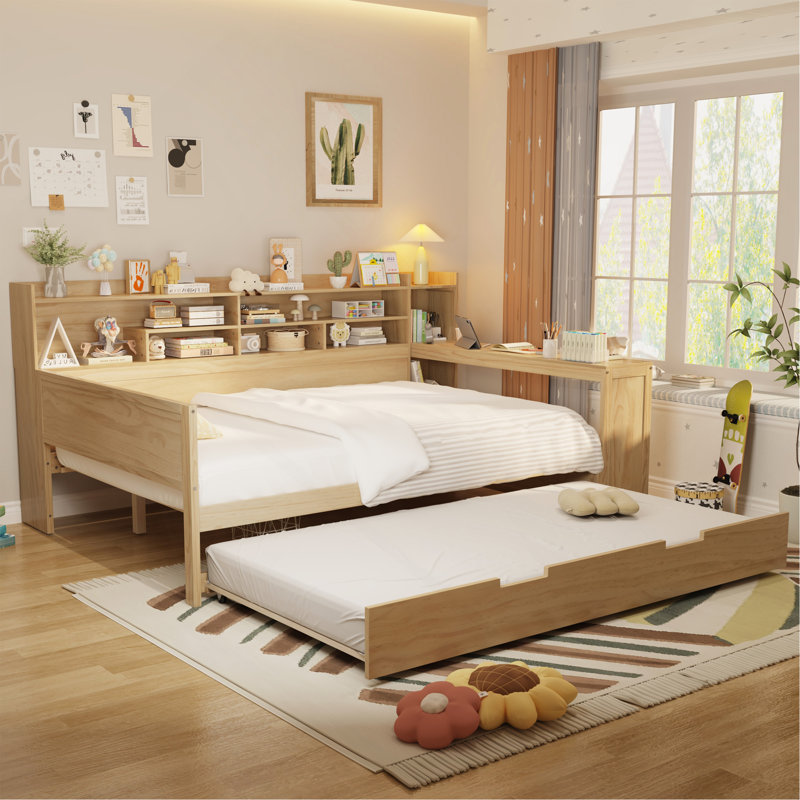 Lit de jour avec tablettes de rangement Kasten Lit multifonctionnel avec lit gigogne et bureau, Simple, Naturel