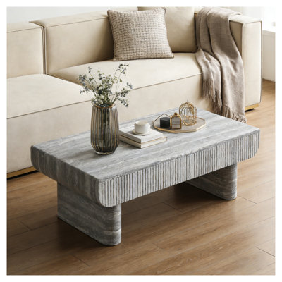 Table basse Mid-Century moderne avec texture en bois gris et design cannelé - Table d'appoint de salon rectangulaire