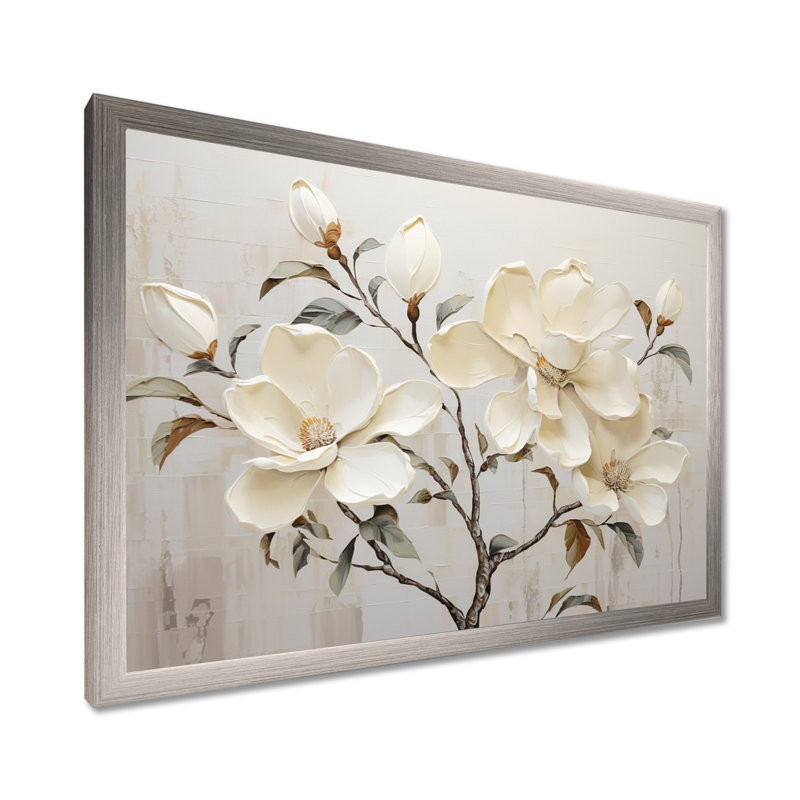 Fleur de magnolia beige et vert - art mural Magnolias, H 24 po x l 32 po x P 1 po, Cadre simple argenté