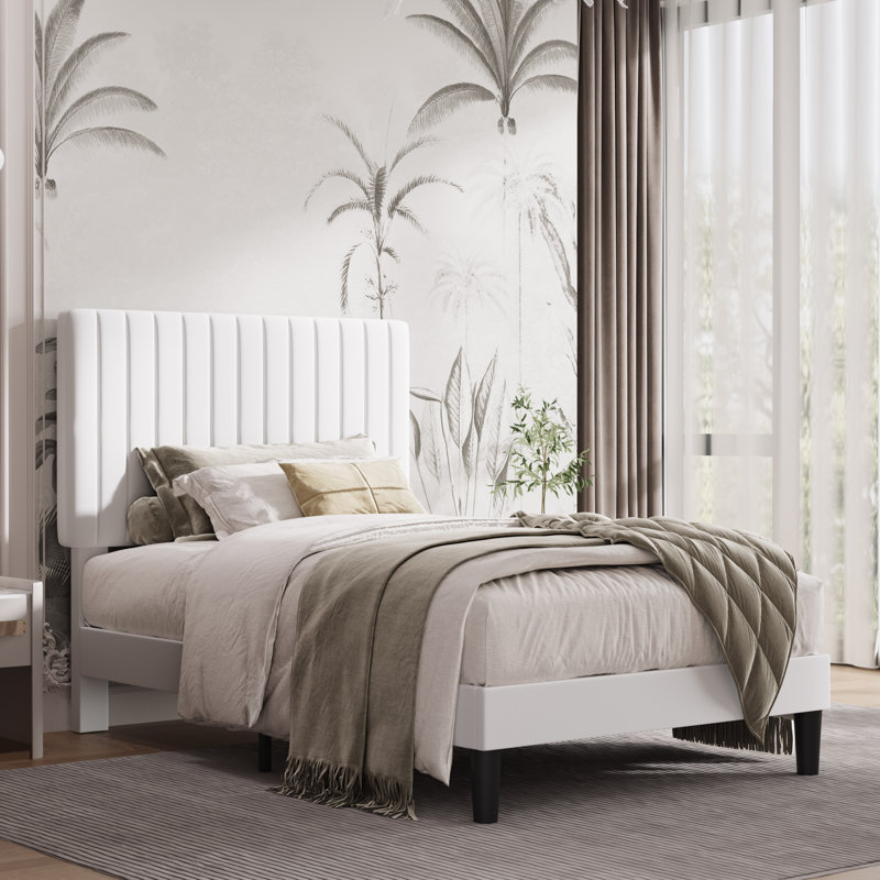 Dunphy Upholstered Platform Bed with Adjustable Headboard, White, Twin