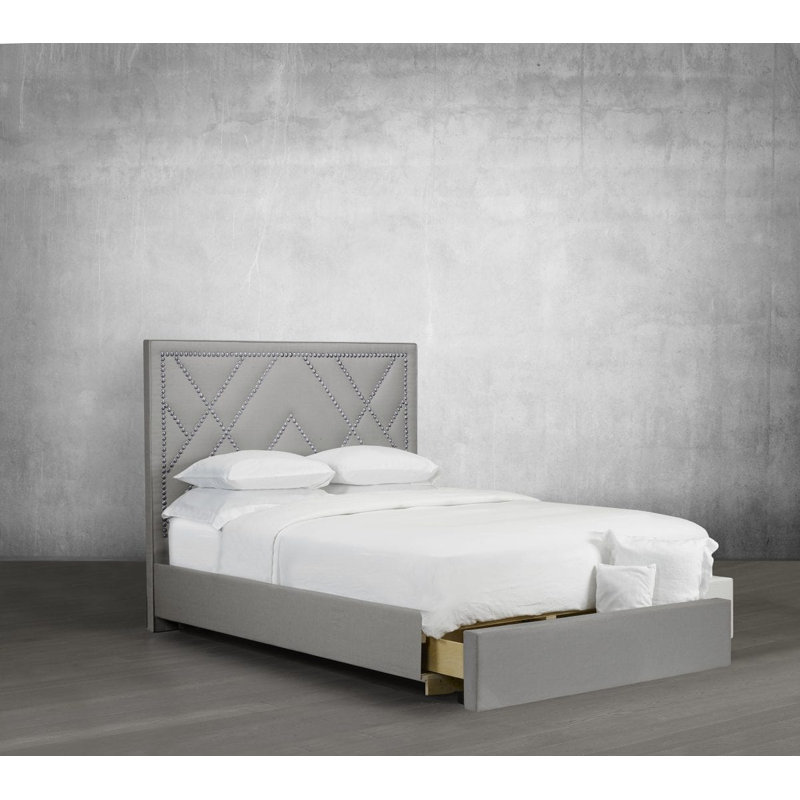 Lit plateforme en tissu d’ameublement Straka, Lin - Gris, Grand