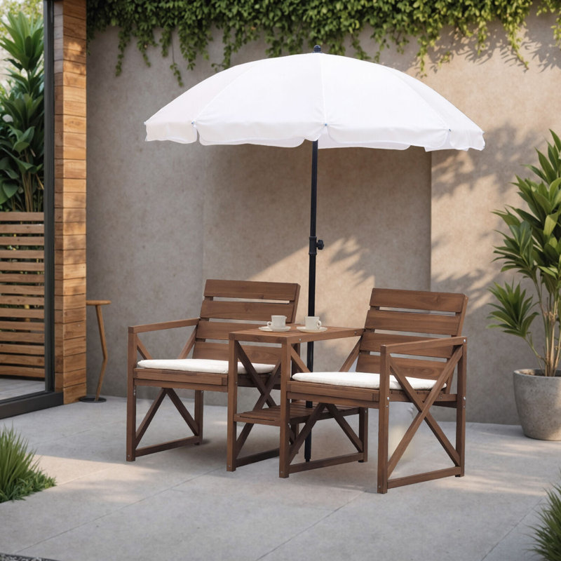 Wood Outdoor Conversation Set with Two Seats, Table, and Umbrella