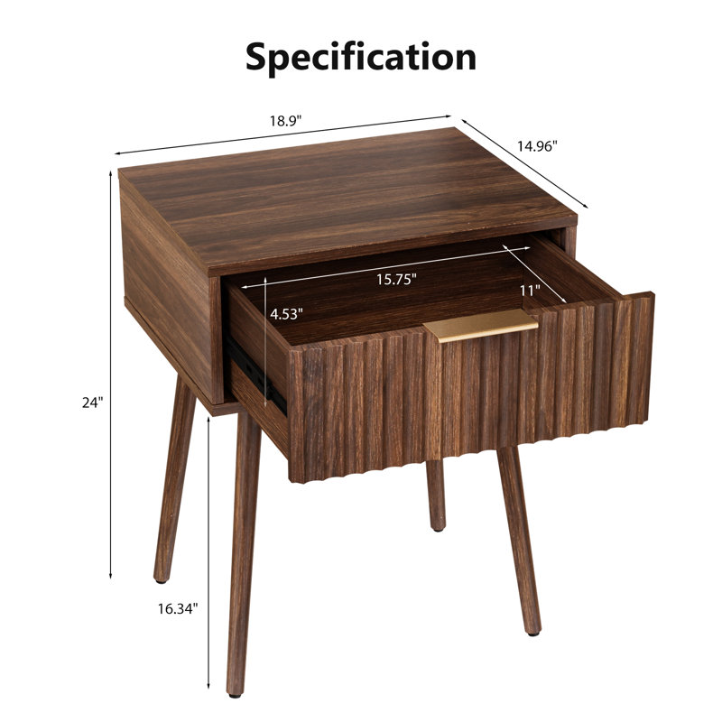 Table de chevet 18,9 po en noyer, panneau de particules et panneau de fibres à densité moyenne, mélamine et fabrication sous vide, 1 tiroir, pieds hauts
