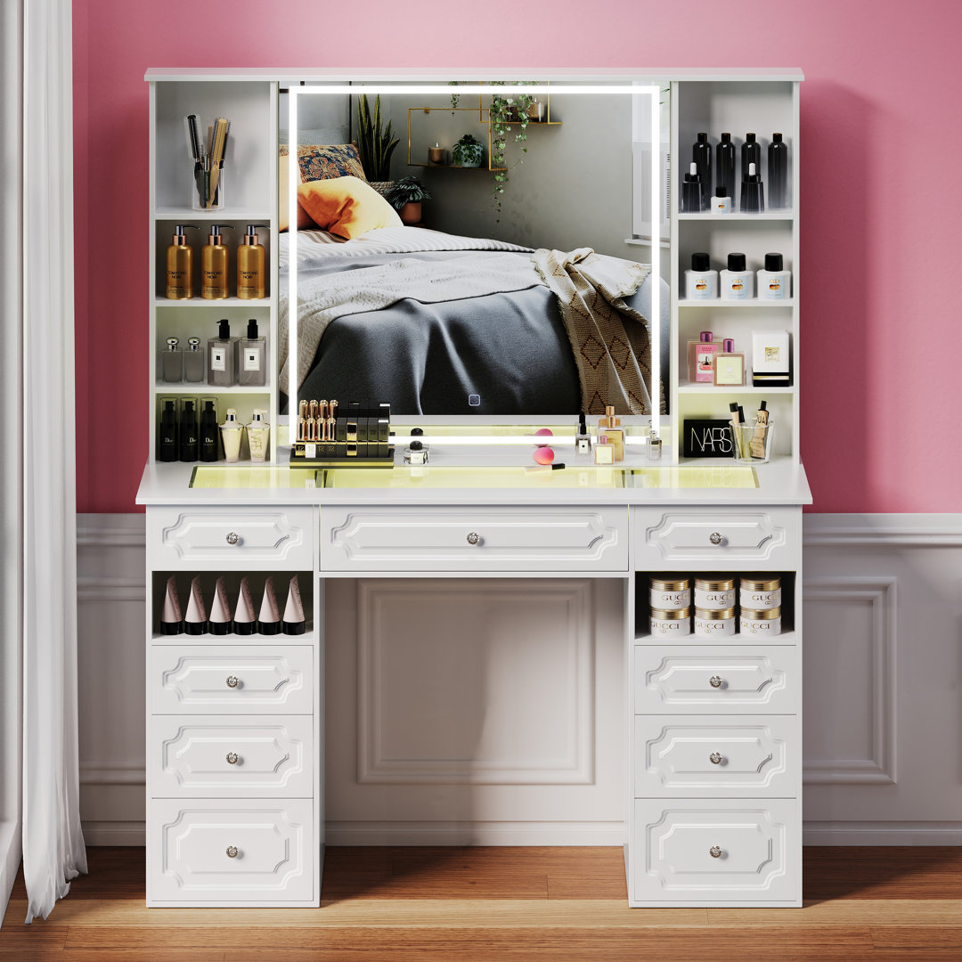 Vanity Set With Extra Large Lighted Mirror, Top Dressing Table With 9 Drawers, Makeup Vanity With Storage Bench, European Style Vanity, Adjustable Brightness Vanity For Bedroom(white-b) Lark Manor™