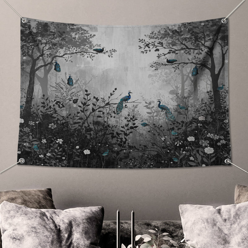 Tapisserie «Peacocks In Forest» - Décoration murale oiseaux, H 50 po x l 60 po avec 4 œillets