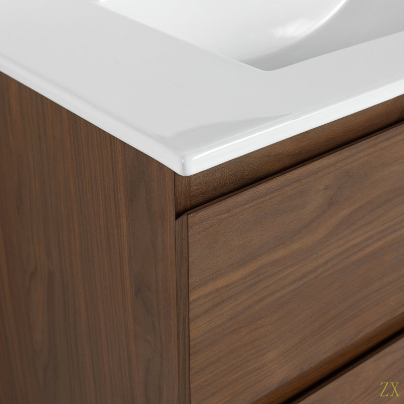 Meuble-lavabo mural 30 po avec lavabo en céramique, 2 tiroirs à fermeture en douceur, ensemble KD, 30", Chêne brun