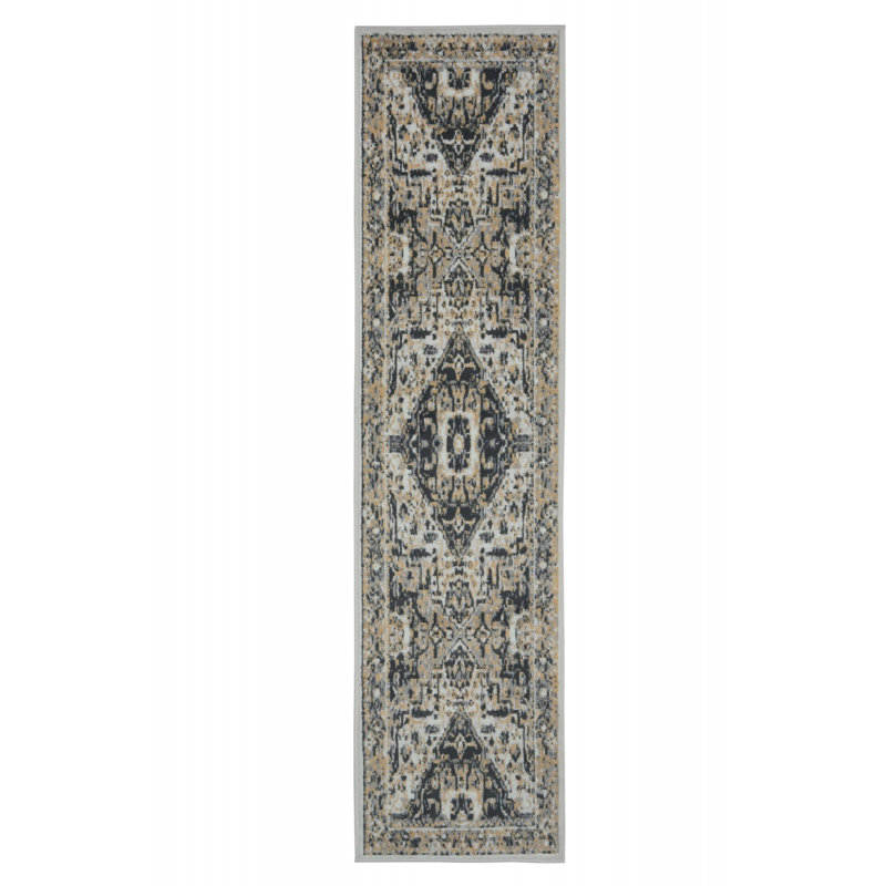 Tapis oriental noir / beige / blanc cassé, Tapis de couloir 2 pi x 8 pi