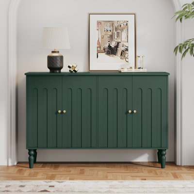 47" Arched Panel 4-Door Accent Cabinet with Brass Knobs – Solid Wood Turned-Leg Sideboard, Modern Traditional Dining Room & Living Room Storage, Green