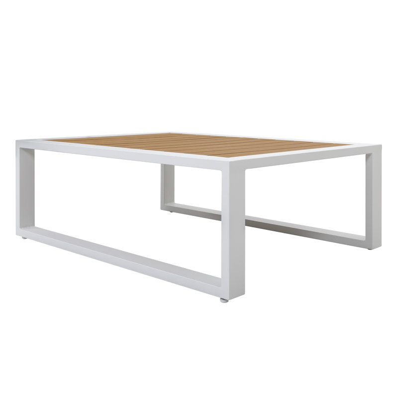 Table basse d'extérieur rectangulaire, structure entièrement en aluminium, plateau de table imitation bois