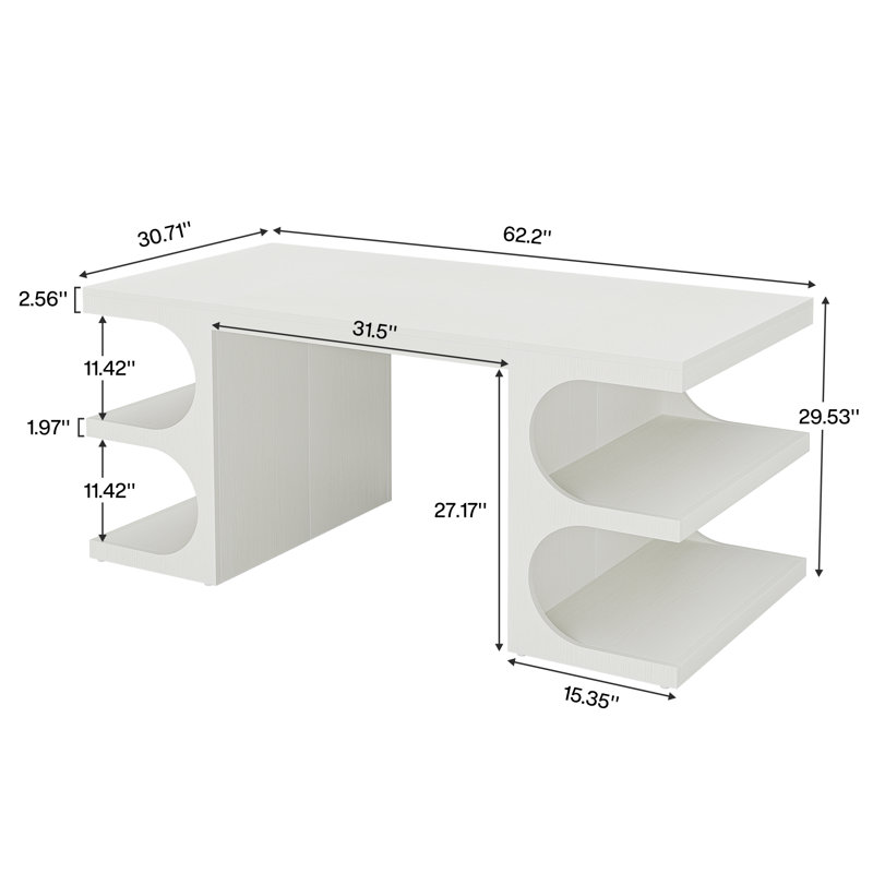 Bureau d'ordinateur 62 "blanc pour bureau à domicile, bureau de direction moderne avec tablettes de rangement