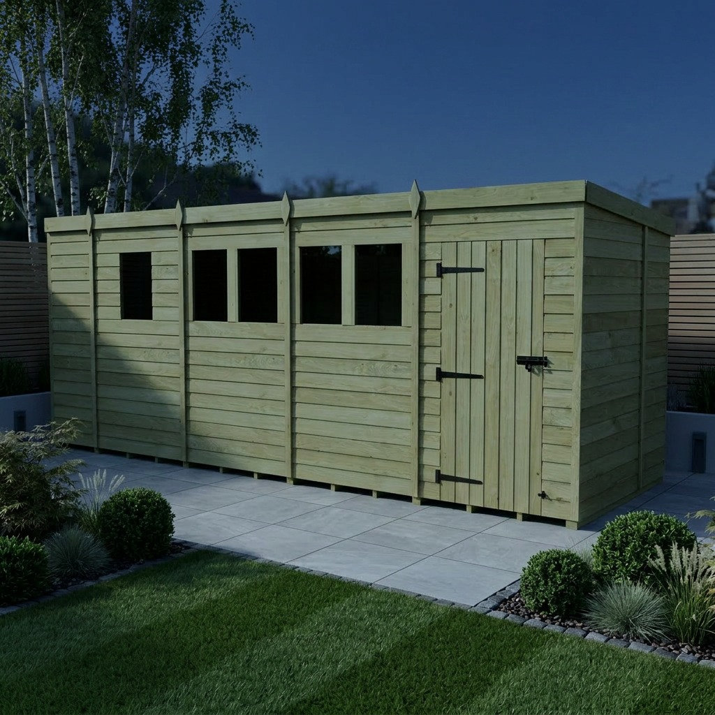 Total Sheds 17ft x 6ft Pent Garden Shed - Single Door - With Windows - Pressure Treated Timber - UK Manufactured