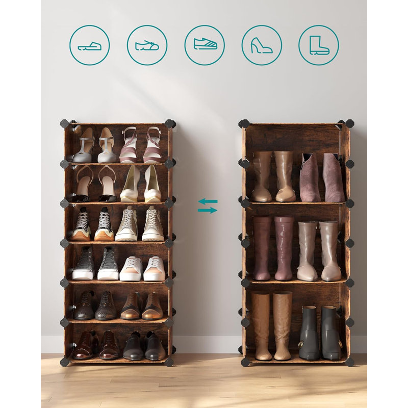 Interlocking Shoe Rack, Rectangular Storage Organiser, 10 Slot Modular DIY Storage Shelf Unit, 40 X 30 X 17 Cm For Each Slot, Plastic Wardrobe With Doors, Rustic Brown