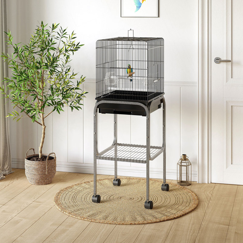 Cage à oiseau 45 po en métal, cage à perroquet, volière à oiseaux avec support à roulettes amovible, panier de rangement et accessoires - noir