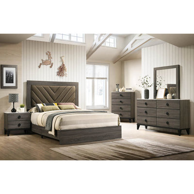 Grand lit rustique gris foncé en chêne, tissu d'ameublement, lit d'appoint en chêne, assemblage requis