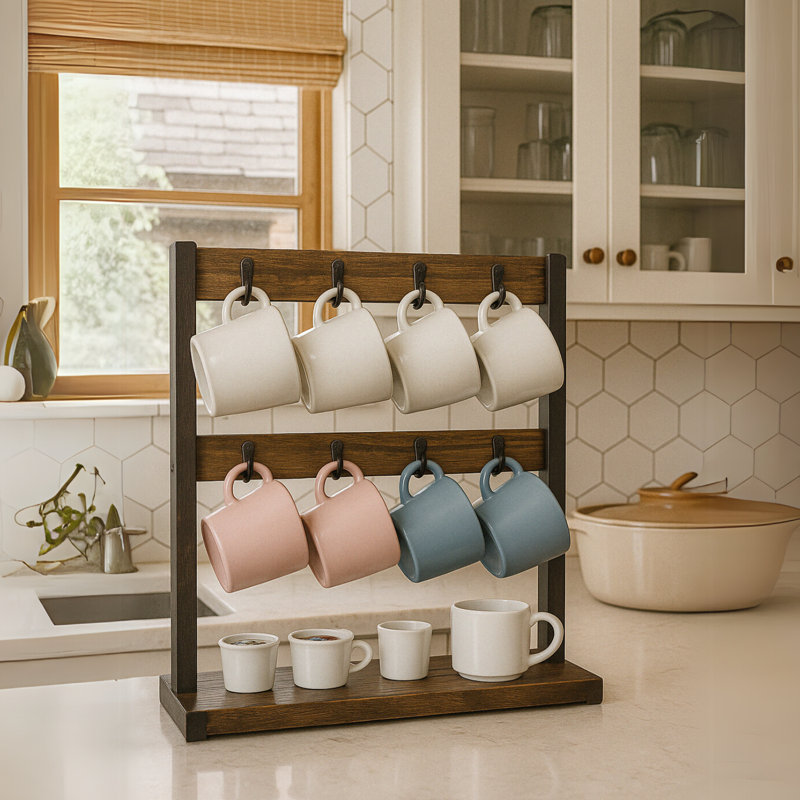Rusnak Rustic Wooden Mug Holder Kitchen Cup Rack Counter Tree