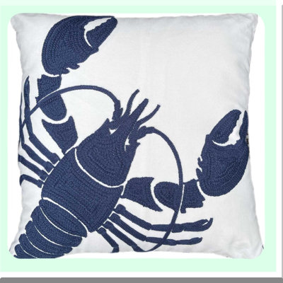 Nautical Lobster Embroidered Pillow Cover - Navy Blue Decorative Square Throw Pillow Cover for Coastal Home Decor