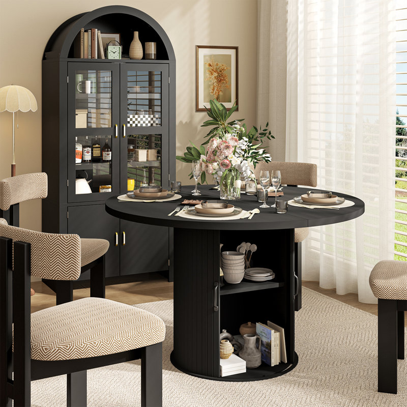 47" Round Dining Table With 71'' Tall Kitchen Pantry Storage Cabinet, Black