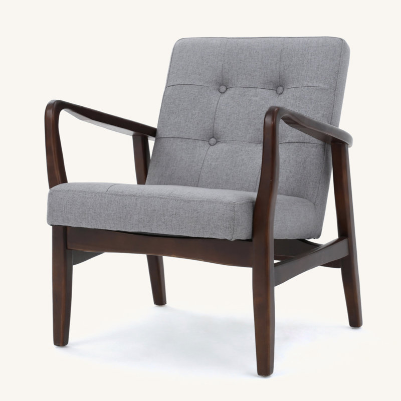 Babic 28.25" Wide Tufted Armchair, Espresso Wood, Gray Fabric