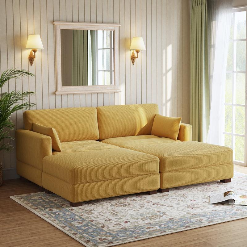 Bentura Oversized Upholstered Orange Corduroy Modular Sleeper Sofa Bed Lounge Modular Sofa with Armrests & Throw Pillows