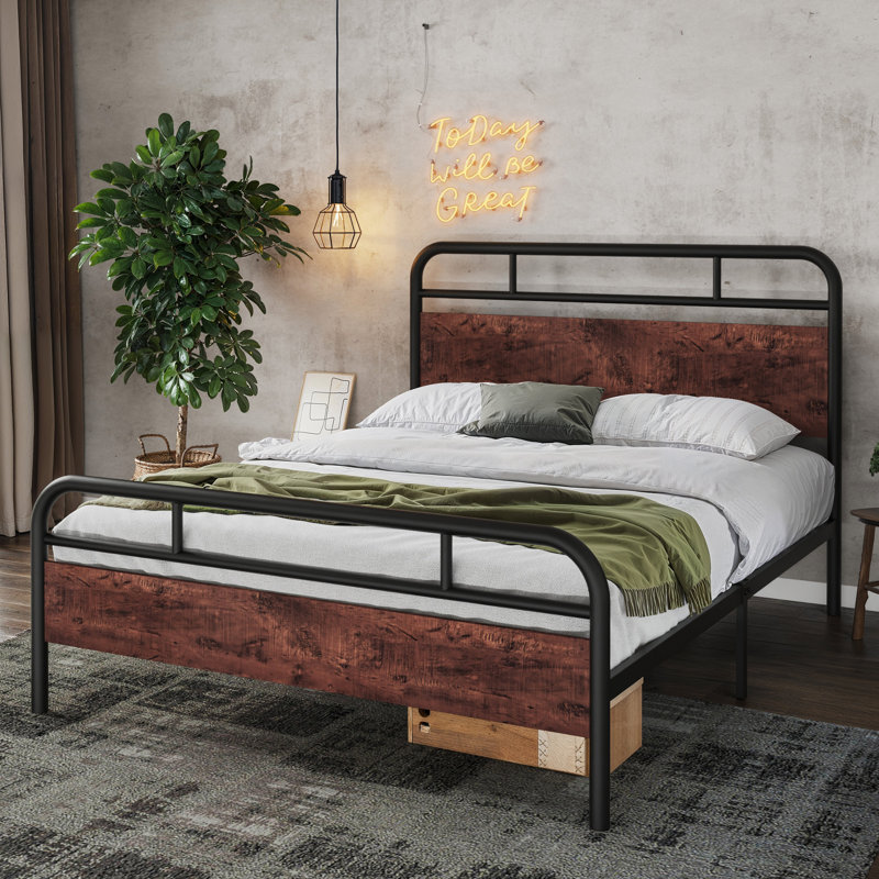 Milligan Metal Platform Bed Frame with Wood Headboard and Footboard, Sandalwood, Full