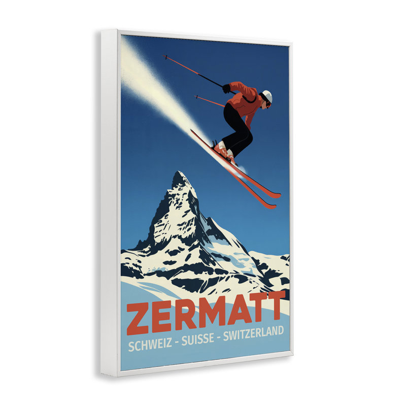 Affiche de ski Zermatt, giclée par Andreas Magnusson, H 18 po x l 12 po, Giclée encadrée blanc bord de mer