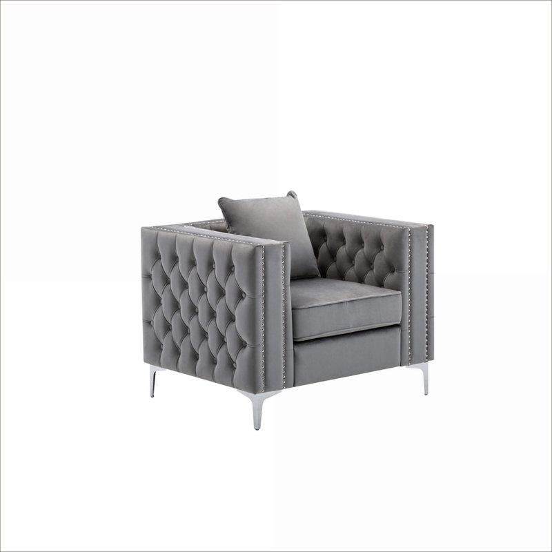 Fauteuil d'appoint capitonné avec garniture cloutée, revêtement en velours gris doux de 40 po de largeur