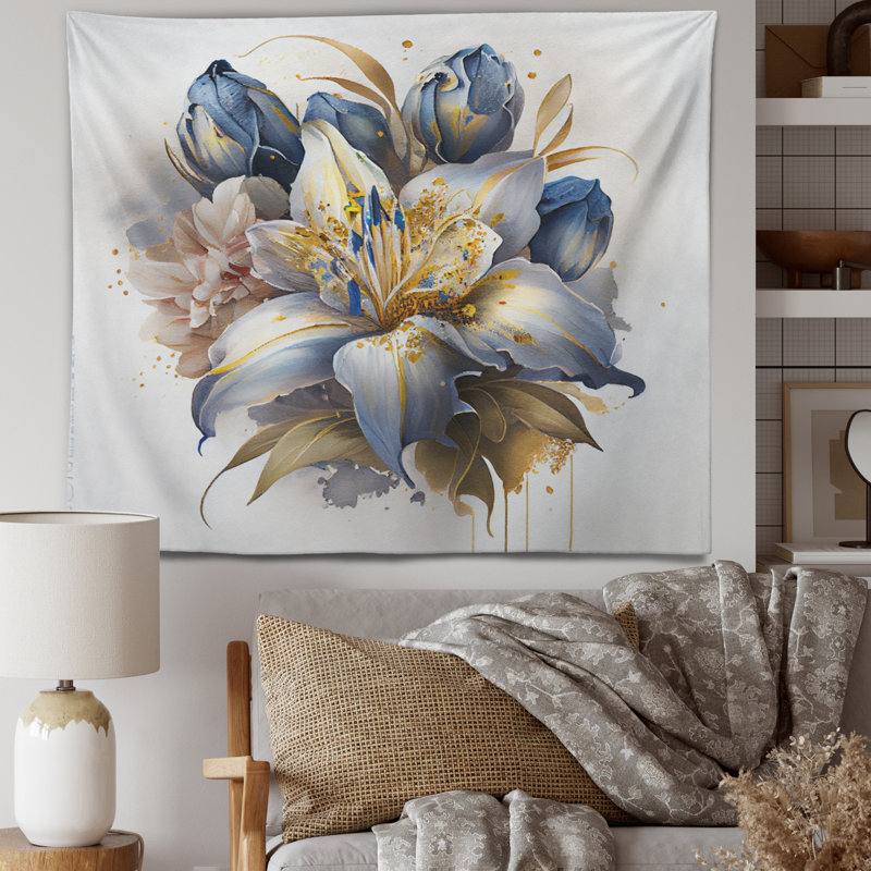Gold And Blue Lily Bouquet III Polyester Tapestry, 50" H x 60" W
