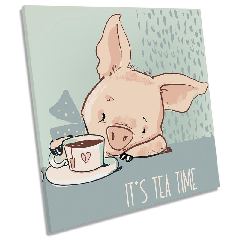 Tea Time Cute Pig Picture - Wrapped Canvas Print, 40.6cm H x 40.6cm W x 2cm D