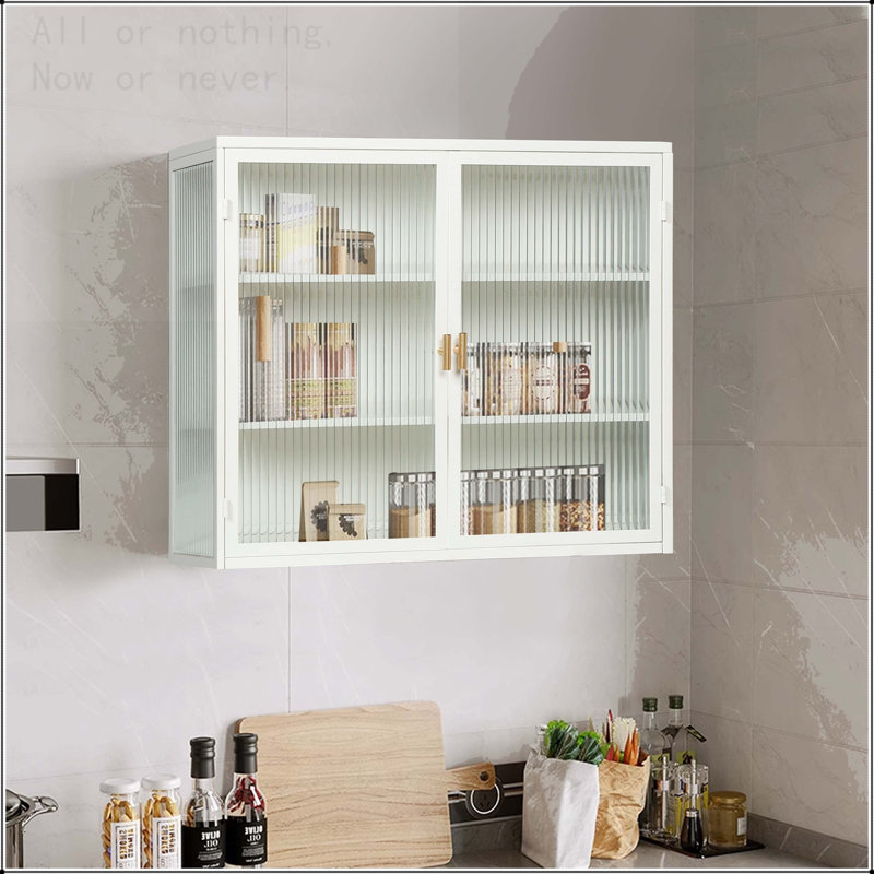 27.56'' Glass Door Wall Cabinet with Three-Tier Storage, White